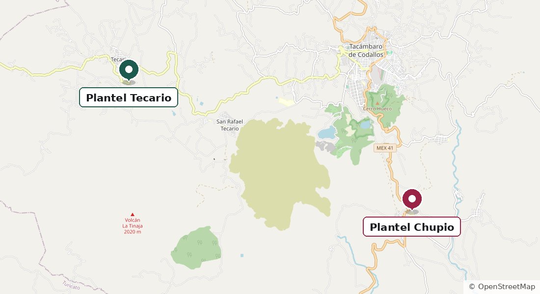 Mapa de la región de Tacámbaro con los dos planteles del CBTA No. 69 marcados: Chupio, al sur de la cabecera municipal, y Tecario, al poniente.